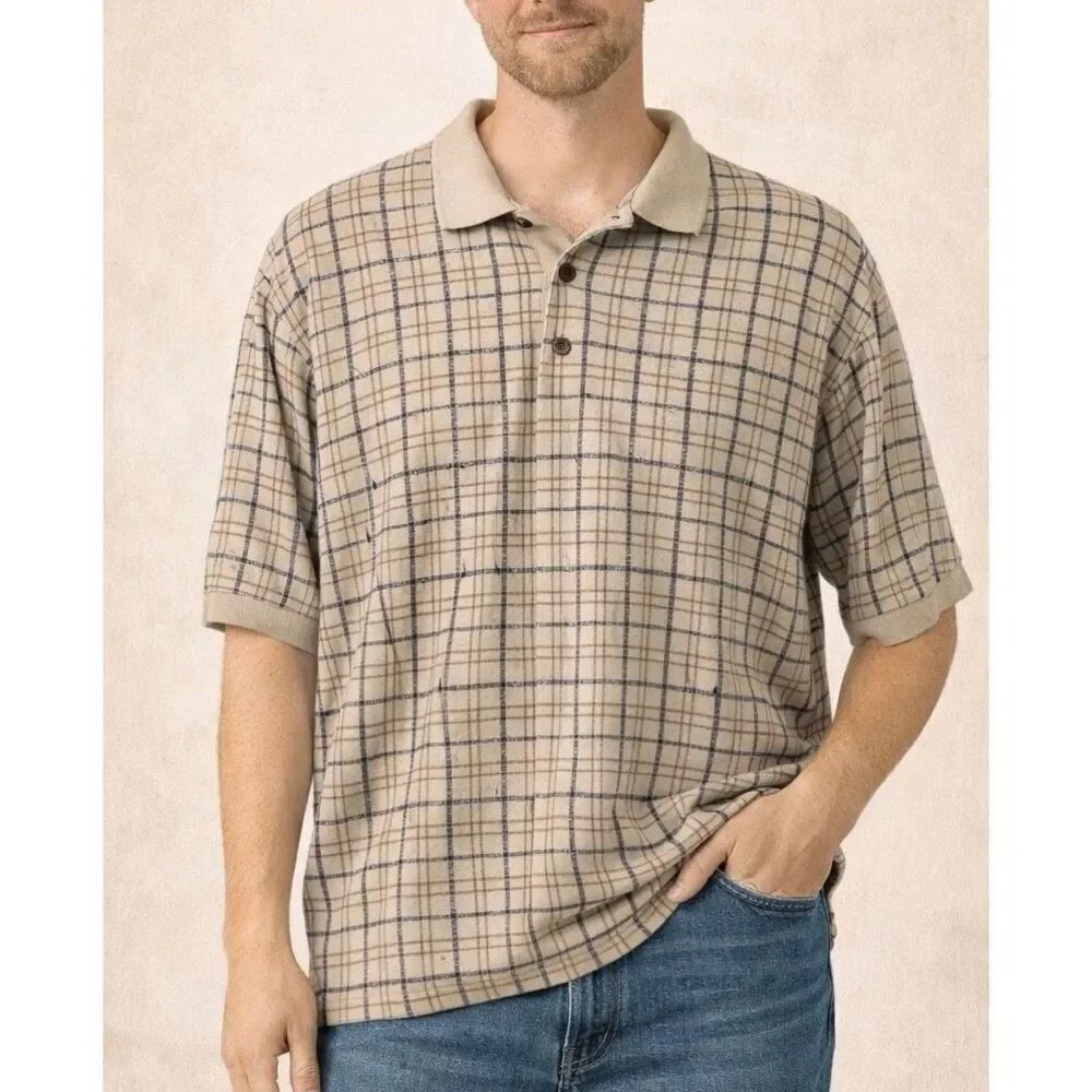 L.L. Bean vintage linen windowpane checkered polo shirt large